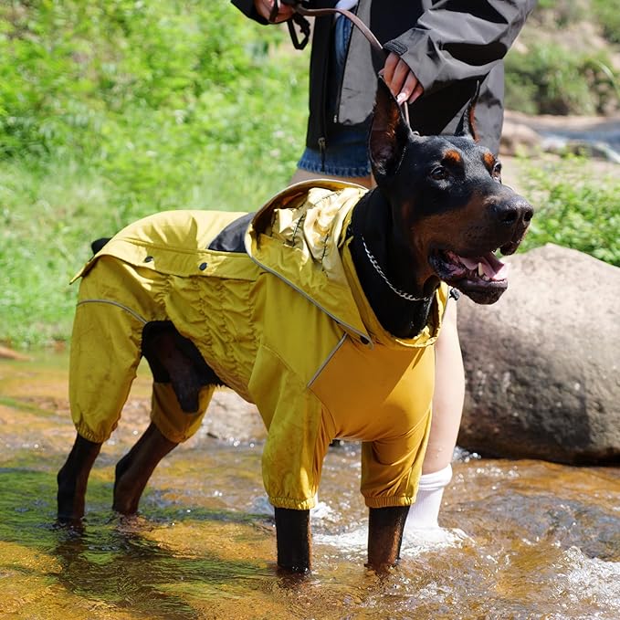 LOVELONGLONG Waterproof Dog Raincoat with Removable Hood – Outdoor Full Body Dog Jacket, Windproof Snowproof Shell Suit – All Season Pet Rain Gear Mustard Yellow M