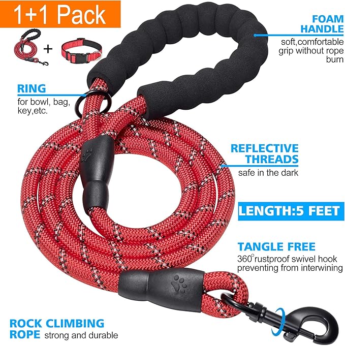 Reflective Dog Collar Padded with Soft Neoprene Breathable Adjustable Nylon Dog Collars for Small Medium Large Dogs (Small (Pack of 1), Red Collar+Leash)
