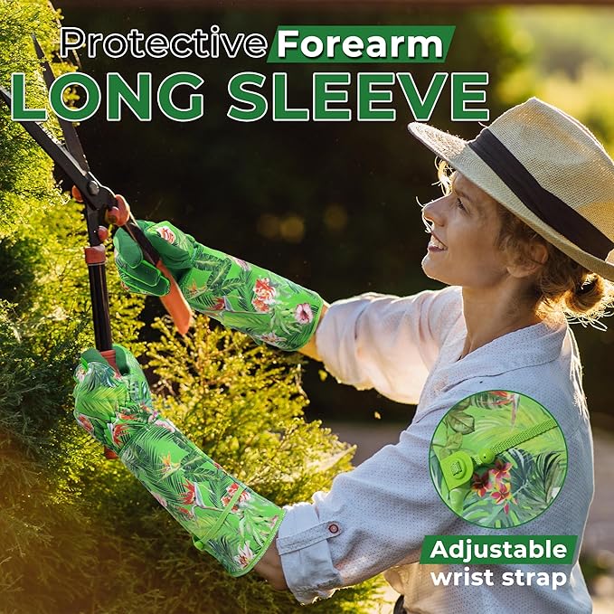 HANDLANDY Women Gardening Gloves, Scratch Resistant Breathable Ladies Rose Pruning Long Gauntlet Floral Print Garden Yard Gloves, Gift for Gardeners (Green, S)