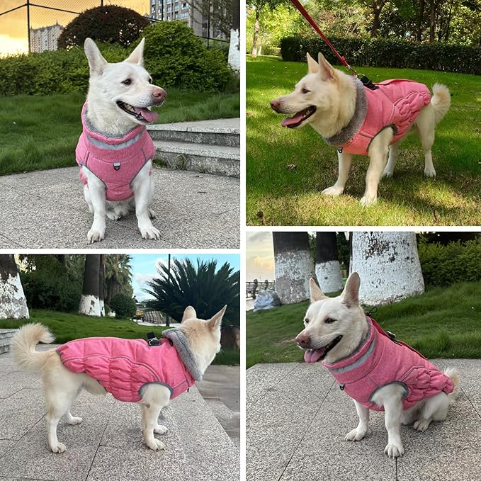 Malier Dog Coat, Reflective Dog Jacket Waterproof Windproof Puppy Cold Weather Coats with Harness Built in, Winter Extra Warm Pet Coat Fleece Vest for Small Large Pets and Puppy(Pink, Medium)