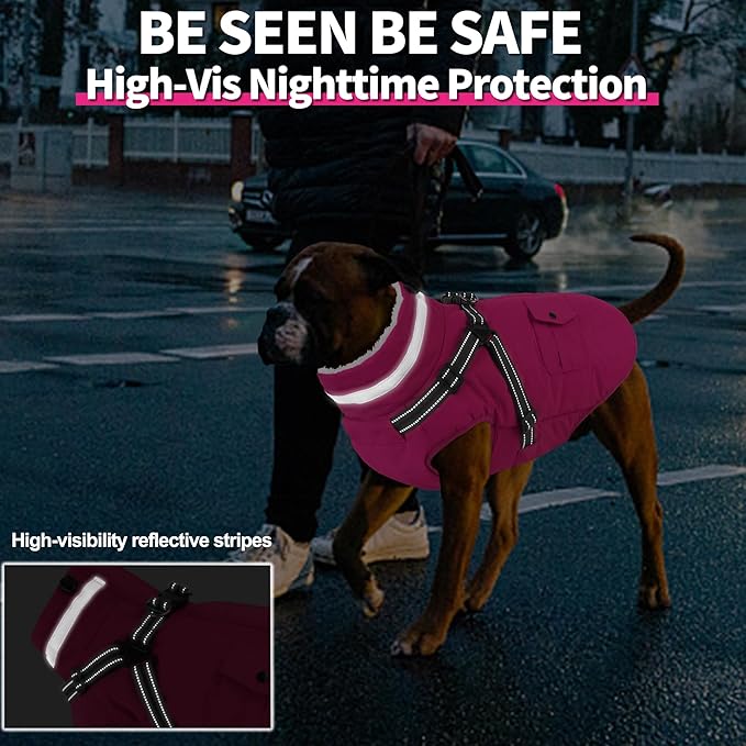Dogcheer Dog Coat with Harness, Waterproof Warm Dog Winter Jacket with Pockets, Reflective Pet Fleece Jacket Turtleneck Snowsuit for Small Medium Large Dogs - Pink, M