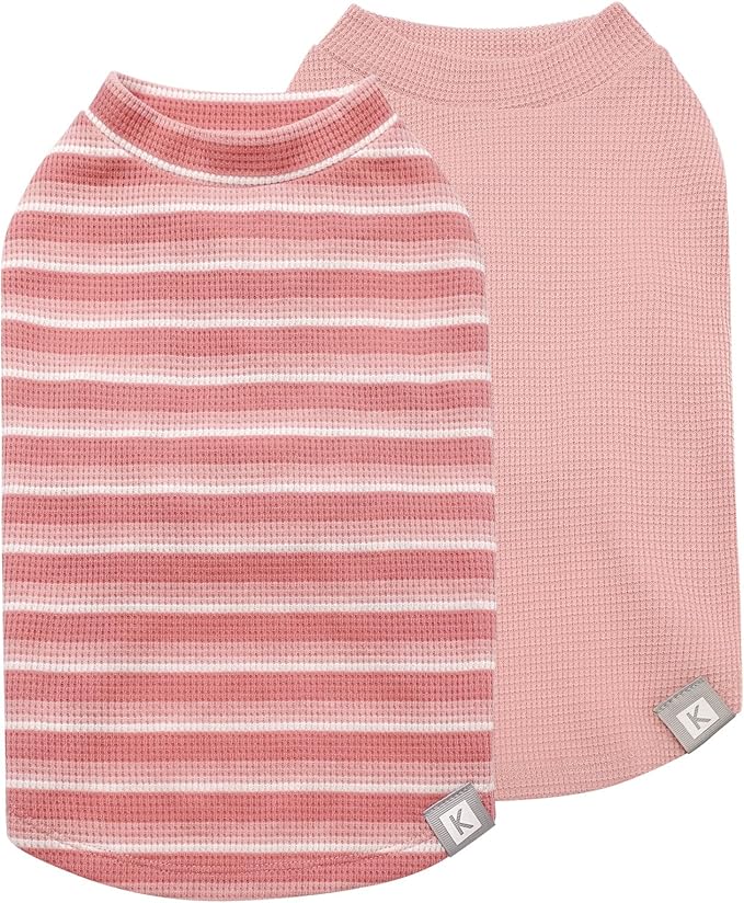 KYEESE 2Pack Waffle Dog Shirts for Small Dogs Stretchy T-Shirts Lightweight Tank Top Sleeveless Striped Vest Breathable Pet Apparel, Large, Pink+Striped