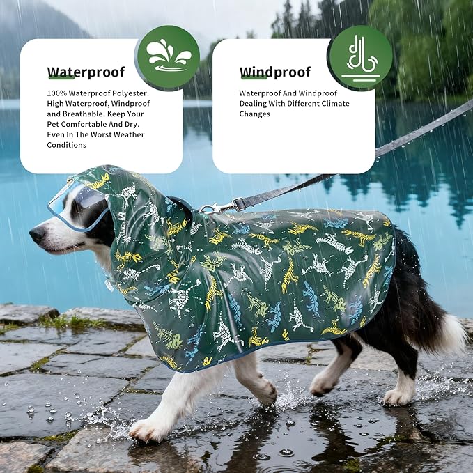 Dog Raincoat, Waterproof Windproof Dog Rain Jacket with Hood, Rain Coat with Leash Hole, Adjustable Raincoat Poncho for Small Medium Large Dogs Outdoor (Green, Large)