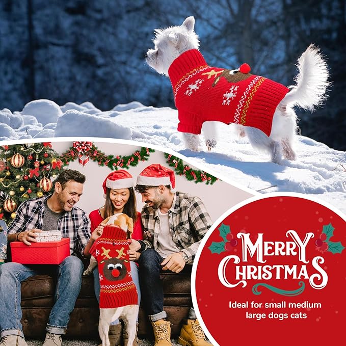 PETCARE Dog Christmas Sweater Red Ugly Funny Cute Cartoon Reindeer Cat Sweaters Jumper Holiday Dog Clothes Puppy Sweaters for Small Medium Large Dogs Fall Winter Outfits Xmas Dogs Costume,Large