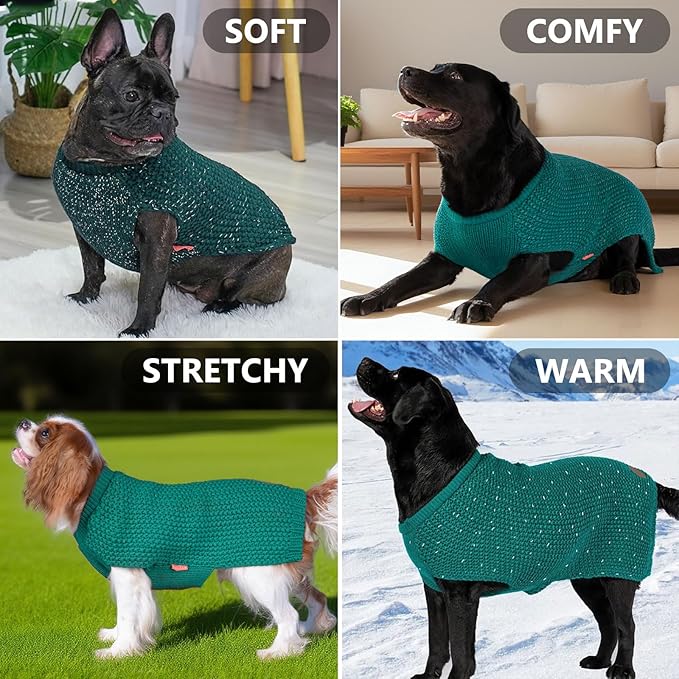 KYEESE Dog Christmas Sweater with Leash Hole Warm Pullover with Reflective Yarn for Small and Medium Dogs Male Soft Knit Pullover Boy Dog Coats Cozy Lightweight Thick Sweater,Green,Medium