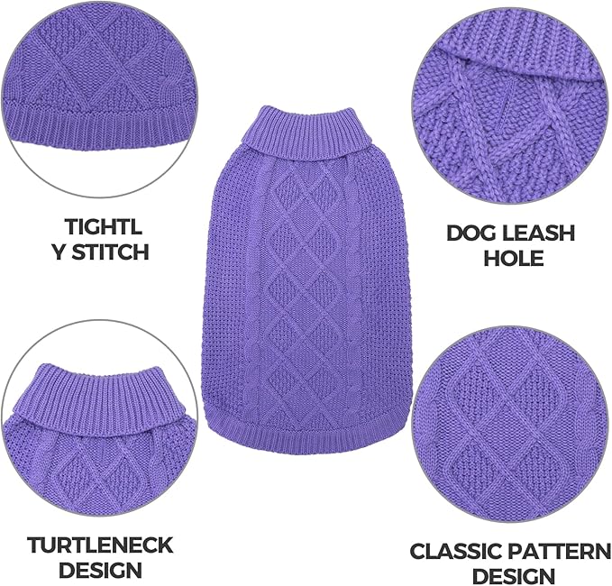 Mihachi Turtleneck Dog Sweater - Winter Coat Apparel Classic Cable Knit Clothes with Leash Hole for Cold Weather, Ideal Gift for Pet in New Year Light Purple L