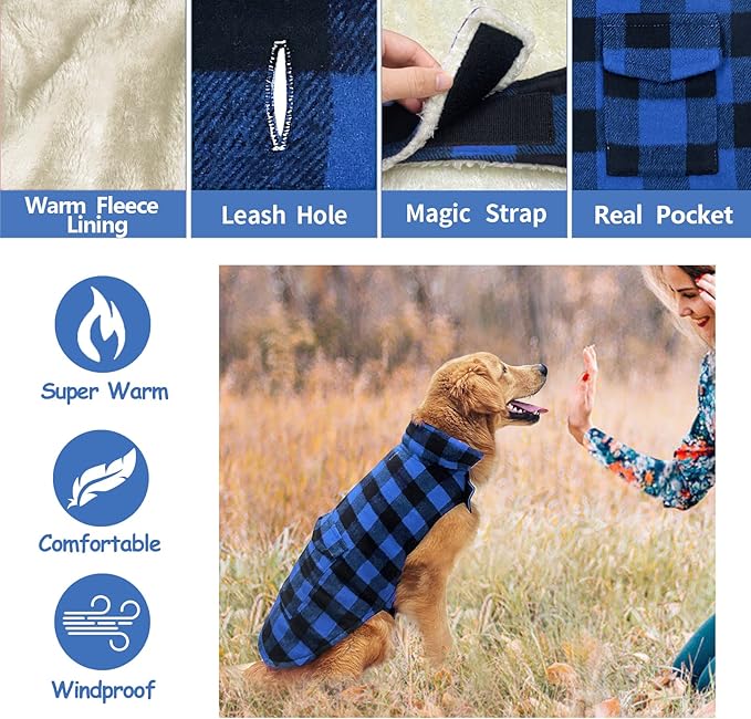 Malier Dog Winter Coat, Classic Plaid Fleece Dog Cold Weather Coats Dog Jacket with Pocket, Windprood Warm Dog Coat Vest Winter Pet Clothes Apparel for Small Medium Large Dogs (Blue, XX-Large)