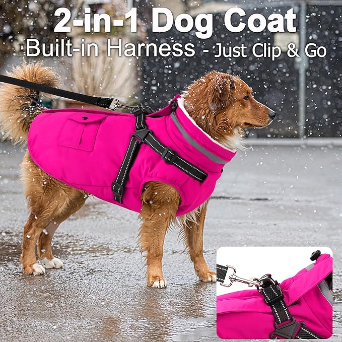 Dogcheer Dog Coat with Harness, Waterproof Warm Dog Winter Jacket with Pockets, Reflective Pet Fleece Jacket Turtleneck Snowsuit for Small Medium Large Dogs - Pink, 3XL