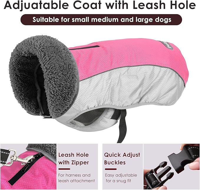Dog Coat, Waterproof Ripstop Dog Winter Jacket with Leash Hole, Reflective Adjustable Warm Pet Fleece Snow Sweater for Small Medium Large Dogs - Pink, L