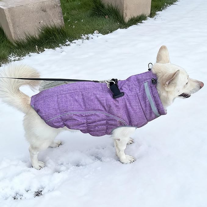 Malier Dog Coat, Reflective Dog Jacket Waterproof Windproof Puppy Cold Weather Coats with Harness Built in, Winter Extra Warm Pet Coat Fleece Vest for Small Large Pets and Puppy (Purple, Large)