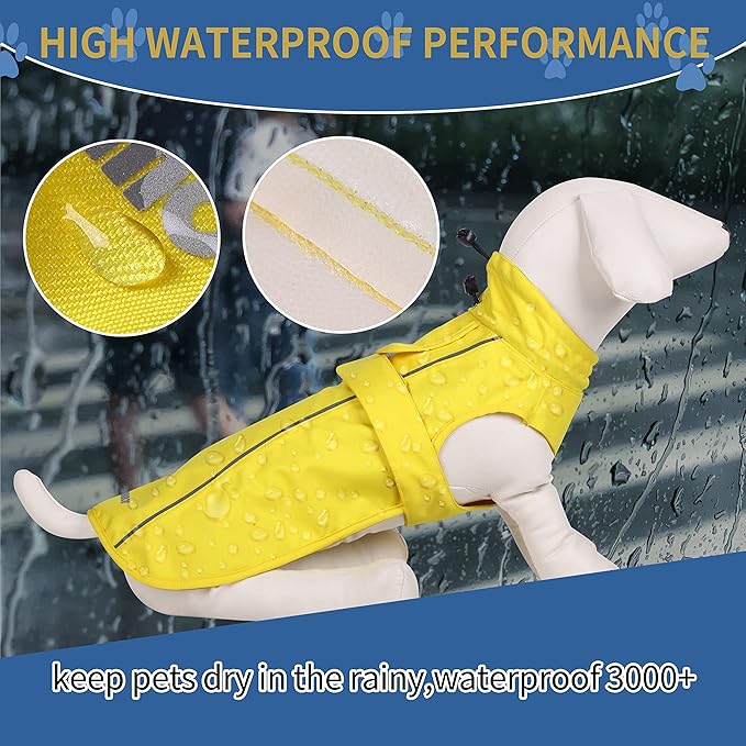 Waterproof Dog Raincoat with Reflective Strip, Adjustable Breathable Rain Coat Jacket with Leash Hole for Dogs (Khaki, Medium)