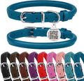 BRONZEDOG Rolled Leather Dog Collar for Small Medium Large Dogs with QR ID Tag (L: 16-18 Inch, Ocean Blue)