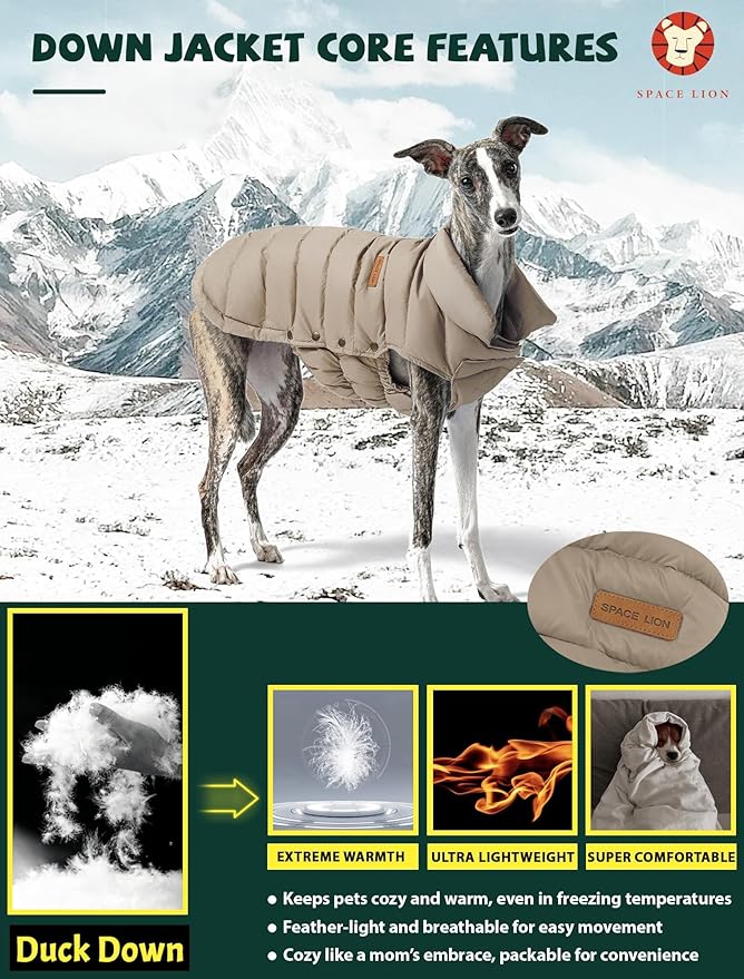 SPACE LION Dog Puffer Jacket, Down Winter Coat, Durable Outdoor Coat for Cold and Windy Conditions, Waterproof, Lightweight Jacket, Adjustable Fit for Small, Medium, Large Dogs(Khaki,16/XL)
