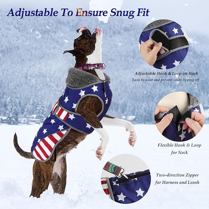 Dogcheer Dog Coat, American Flag Dog Jacket Waterproof Puppy Winter Coat for Cold Weather, Reflective Adjustable Pet Snow Jacket Fleece Sweater for Small Medium Large Dogs - USA Flag, S