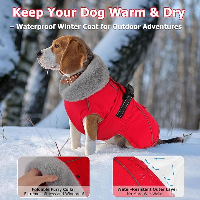Dogcheer Dog Coat with Pocket, Waterproof Dog Jacket with Adjustable Buckle, Reflective Puppy Winter Coat Warm Turtleneck Fleece SnowJacket for Small Medium Large Dogs - Red M