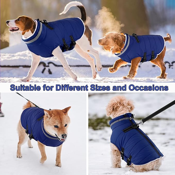 Dogcheer Dog Coat, Waterproof Dog Jacket with Harness, Reflective Adjustable Puppy Winter Coat with Zipper, Christmas Snow Jacket Clothes for Small Medium Large Dogs - Blue XS