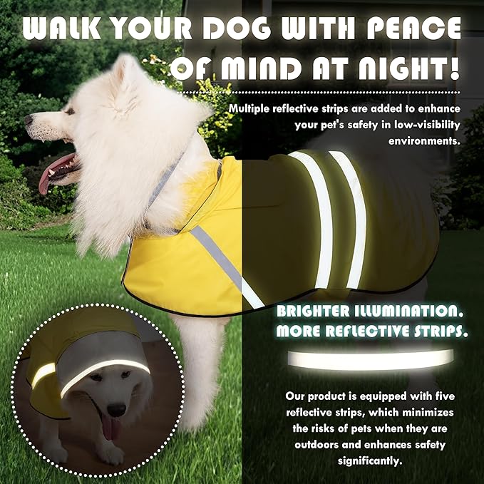Dog Raincoat, Adjustable Rain Jacket with Hooded Double Layer for Large Medium Small Dogs Puppies, Lightweight Waterproof Rain Coat Poncho with Reflective Stripe Yellow,L