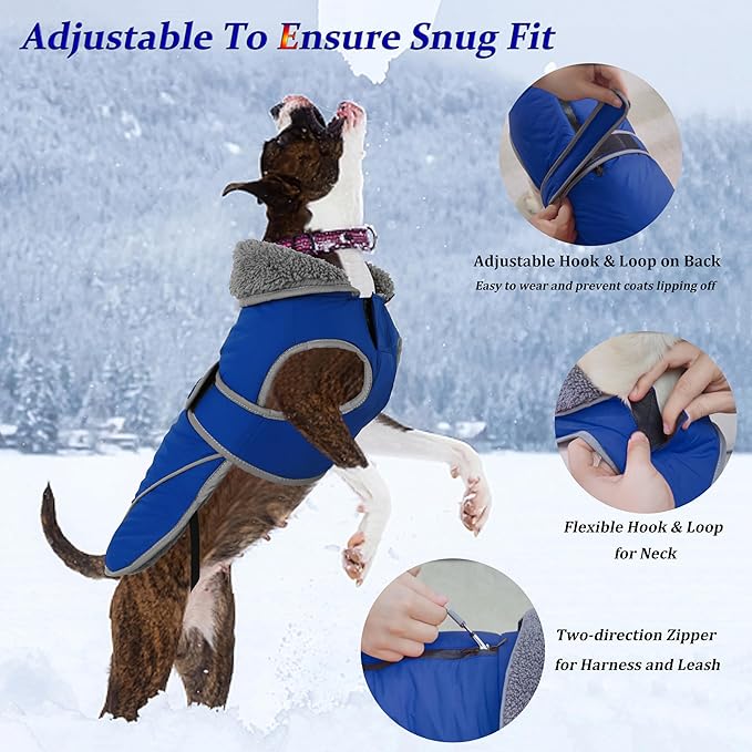 Dogcheer Dog Coat, Waterproof Dog Jacket Reflective Pet Winter Coat with Adjustable Hook & Loop, Christmas Puppy Fleece Jacket Warm Turtleneck Snowsuit for Small Medium Large Dogs - Blue, XL