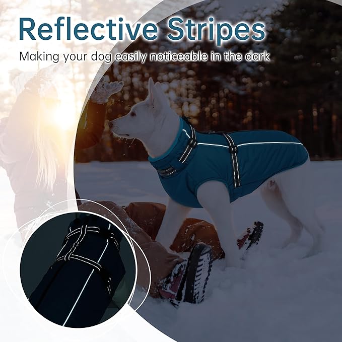PUMYPOREITY Snow Jacket for Large Dogs Waterproof, Warm Dog Winter Coat with Harness Built in, Fleece Jacket with Back Zipper, Cold Weather Coats for Outdoor, Windproof Pet Snowsuit, Blue, 3XL