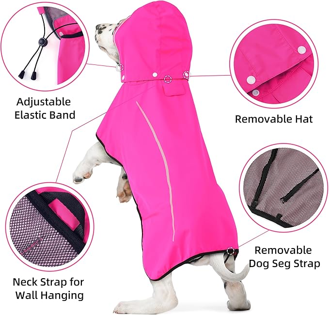 Mile High Life Dog Raincoat, Adjustable Waterproof Pet Rain Jacket, Reflective Hooded Poncho for Small Medium Large Dogs, Lightweight Breathable Pet Rain Coat (Hot Pink,S Chest 18"-22")