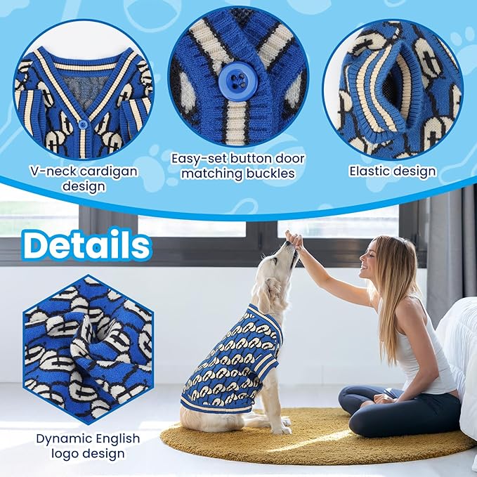 Pet Sweaters for Dogs Boys and Girls, Dynamic Letter Patterned Dog Sweater,Dog Cardigan,Pet Clothes,Pet Knitted Clothing,Fit for Different Seasons and Kinds of Dogs (Blue S)