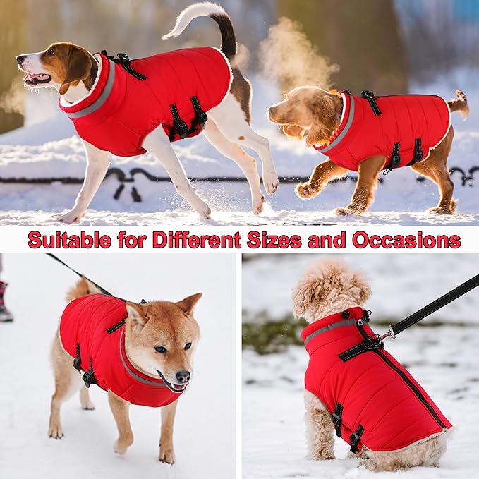 Dogcheer Dog Coat with Harness, Waterproof Dog Jacket Adjustable Pet Winter Coat with Zipper, Christmas Puppy Snow Jacket Fleece Sweater for Small Medium Large Dogs - Red 2XL