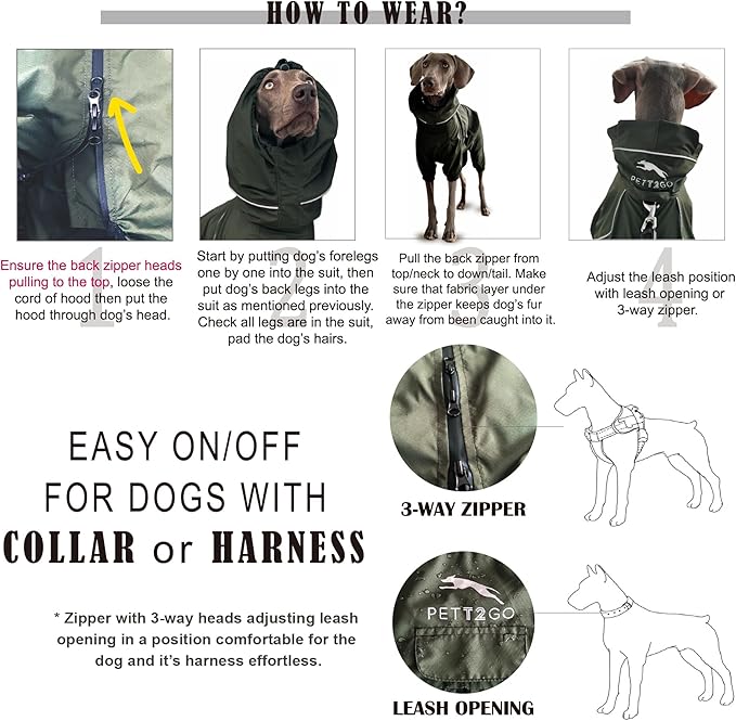 Dog Lightweight Windbreaker, Dog Outdoor 4-Legs Jacket, 0.5 lbs,Durable Water Repellent, Hooded, Easy on/Off with Collar and Harness, Reflective, Packable,Dark Olive -XXX-Large (Male)