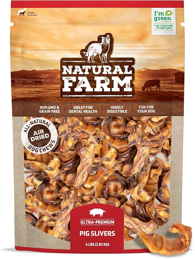 Natural Farm Pig Ear Slivers for Dogs (4 Pounds Bag), One Ingredient: Natural Pigs Ear Slivers, Air Dried, Long-Lasting & Highly Digestible Treats, Great for Puppy and Large/Medium Dogs