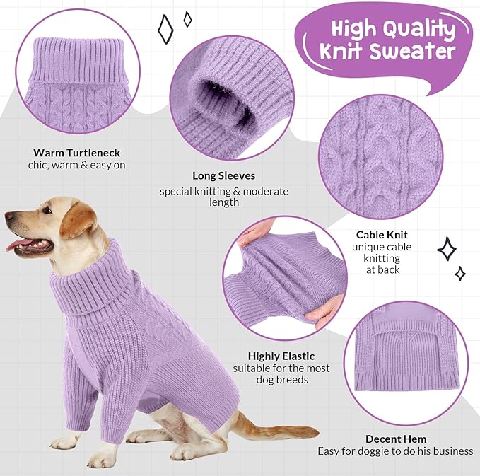 Queenmore Dog Sweater, Puppy Sweater for Small Dogs,Warm Winter Fall Dog Sweaters for Dog Girls Boys, Solid Turtleneck Knit Sweater for Large Medium Dogs,Long Sleeves Christmas Dog Sweater Lilac,M