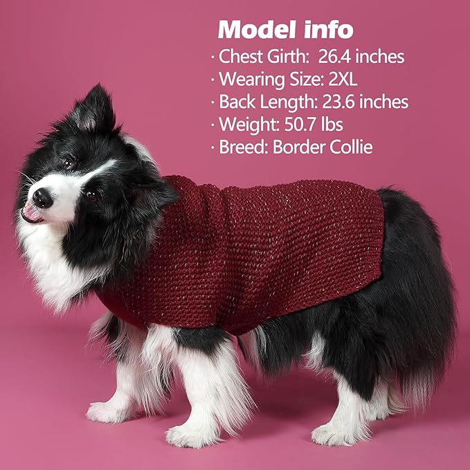 KYEESE Dog Sweater with Leash Hole Comfy Pullover Sweater Medium Size Male with Reflective Yarn Warm Pet Coats Stretchy Cozy Lightweight Thick Knitwear Dog Clothes,Dark Red, X-Large