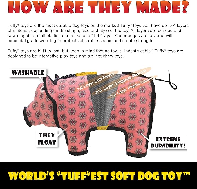 TUFFY - World's Tuffest Soft Dog Toy - Barnyard Duck - Squeakers - Multiple Layers. Made Durable, Strong & Tough. Interactive Play (Tug, Toss & Fetch). Machine Washable & Floats. (Junior 2 Pack)