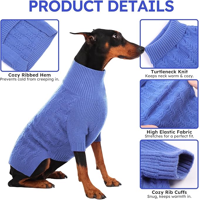 ASENKU XXXXL Dog Sweaters for Large Dog Girls Boys, Pullover Turtleneck Knitted Big Doggie Sweatershirt for Female Male, Doberman Great Dane Sweater for Extra-Large Breed Dogs, Blue 4XL