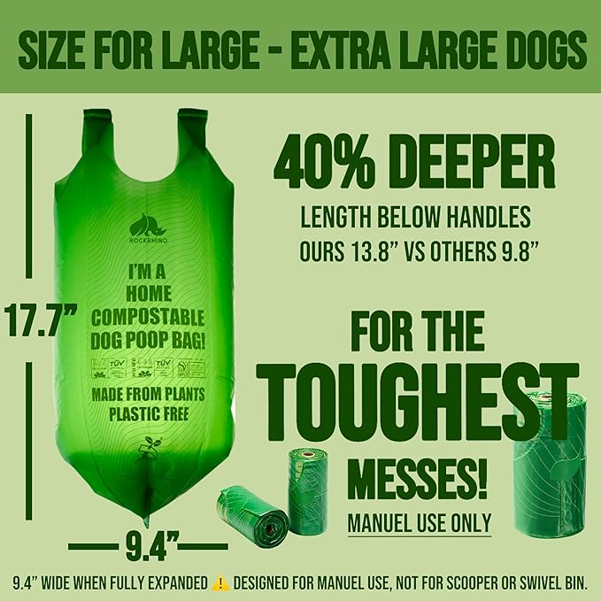 Ultra Thick & Deep RockRhino Dog Poop Bags for Large & XL Breeds | 4-Layer Interlocked Bottom | 100% Home Compostable, 0% Plastic | Vanilla-Scented | 150 Bags, Easy Open Tie Handles, Not for Scooper