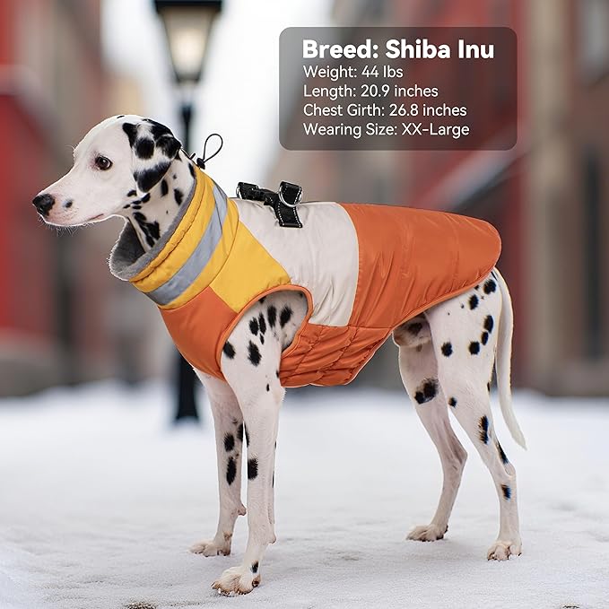 Dog Coat, Waterproof Dog Winter Coats for Small Dogs, Reflective Dogs Jacket with Harness Built in, Zip-up Cold Weather Coats Pet Vest Turtleneck Doggy Snowsuit, Orange Medium