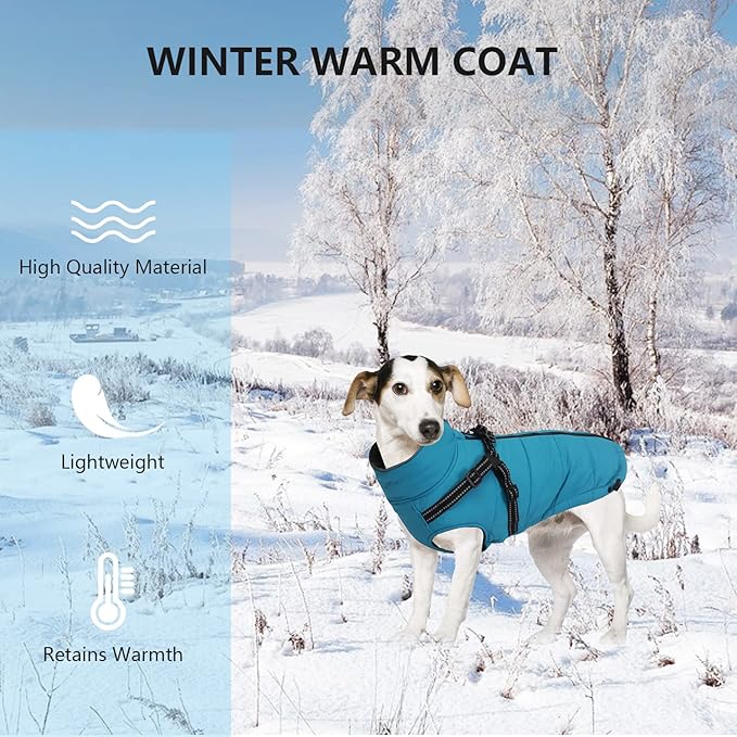 Winter Warm Coat Geyecete Waterproof Dog Winter Jacket with Harness Traction Belt,Pet Outdoor Jacket Dog Autumn and Winter Clothes for Medium, Small Dog-Blue-M