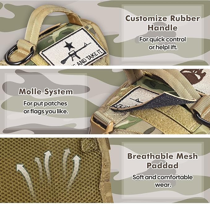 Tactical Cat Harness and Leash, Escape Proof Large Cat Walking Vest,Adjustable Soft Mesh Pet Vest Harness with Control Handle, Molle Patches (Large, Beige)