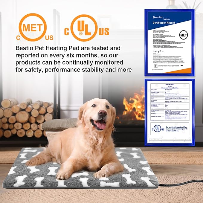 Bestio Extra Large Dog Heating Pad 47×30in Waterproof Heating Dog Bed Smart Constant Temperature Switch and Always On Function, Metal Protection Tube Puppy Bed - Gray