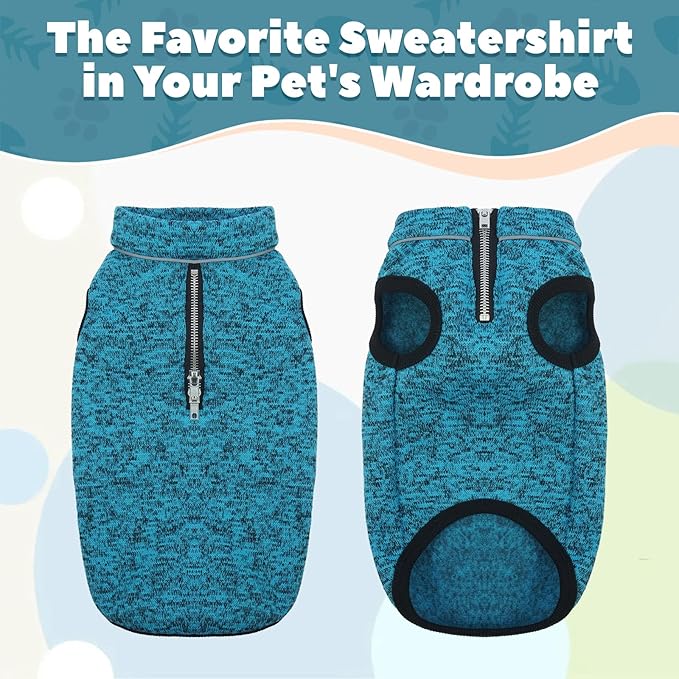 ROZKITCH XX-Large Dog Sweater, Lightweight Jacket with Fleece Lining, Knit Pet Coats for Large with Zipper Opening for Harness, Adjustable Neck Reflective Pet Jacket for Fall Blue 2XL