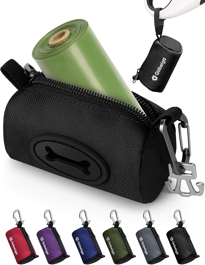 Gobeigo Dog Poop Bag Holder for Leash, Large Opening for Easy Pull Out, Doggy Poo Bag Dispenser with Used Waste Bag Carrier Suitable for Any Retractable Leash with 15 Unscented Bags (Black)