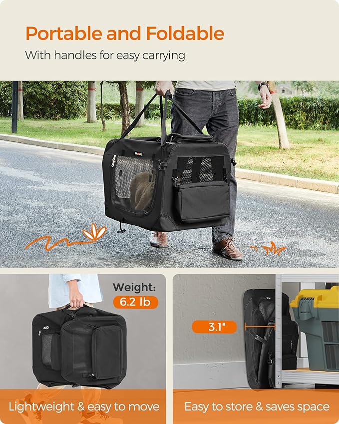 Feandrea 24 Inches Collapsible Soft Dog Crate, Portable Travel Dog Crate for Indoor and Outdoor Use, Dog Carrier Kennel with Safety Zippers, for Living Room, Car, Travelling, Camping, Black UPDC60H