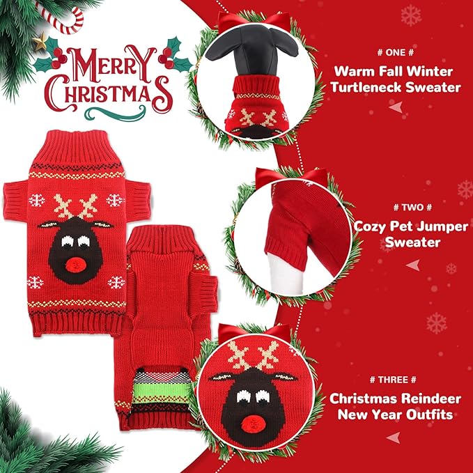 PETCARE Dog Christmas Sweater Red Ugly Funny Cute Cartoon Reindeer Cat Sweaters Jumper Holiday Dog Clothes Puppy Sweaters for Small Medium Large Dogs Fall Winter Outfits Xmas Dogs Costume,Medium