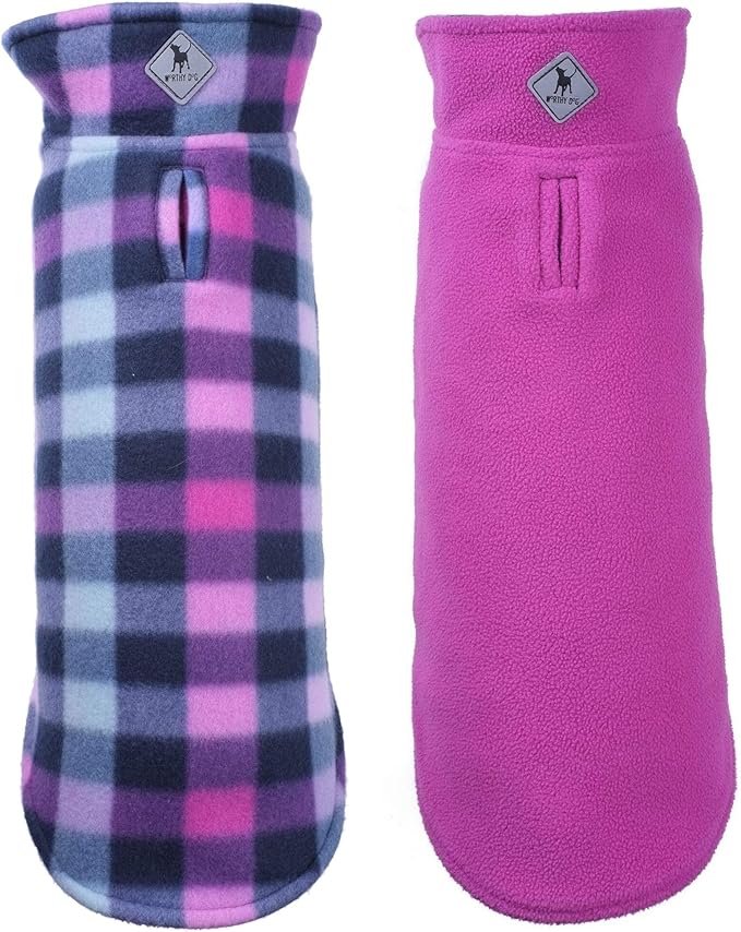 The Worthy Dog Fargo Fleece Check Dog Jacket, Adjustable Reversible with Harness Hole, Wind-Resistant, Winter Outdoor Clothes for Pets, Purple - 10''