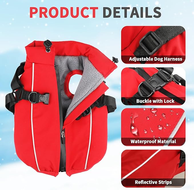Dog Winter Coat Reflective Water-Resistant Jacket, Fleece Lined Windproof Puppy Coat with Back Zipper & D-Ring, Cold Weather Dog Coats for Small Medium Large Dogs (S, Red)