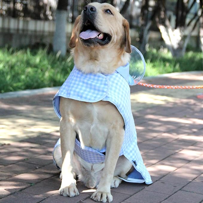 MAMORE Dog Raincoat Reversible,Waterproof Dog Rain Coat Hooded Slicker Poncho with Reflective Strip, Plaid Double Layer Rain Jacket for Small Medium Large Dogs (Light Blue, Large)