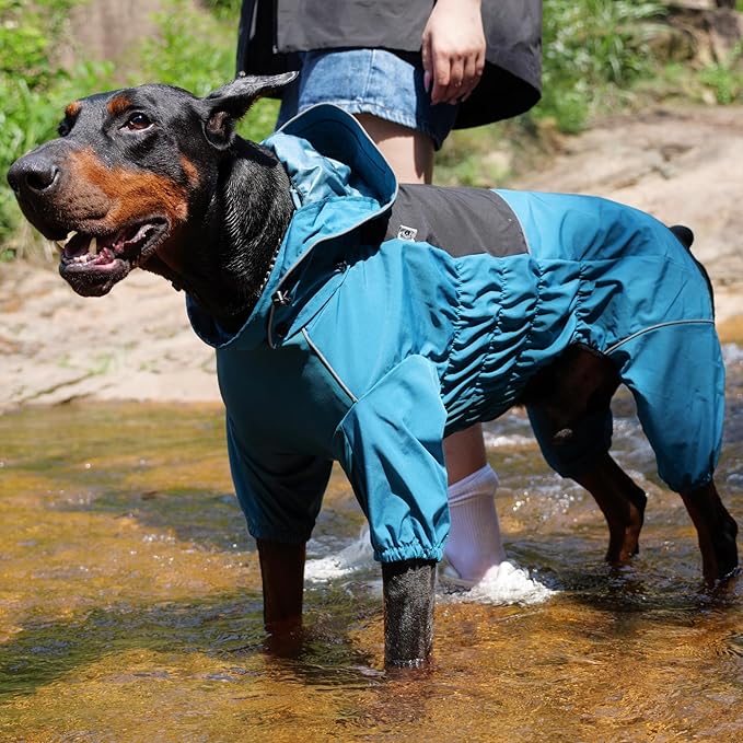 LOVELONGLONG Waterproof Dog Raincoat with Removable Hood – Outdoor Full Body Dog Jacket, Windproof Snowproof Shell Suit – All Season Pet Rain Gear Ocean Teal S+