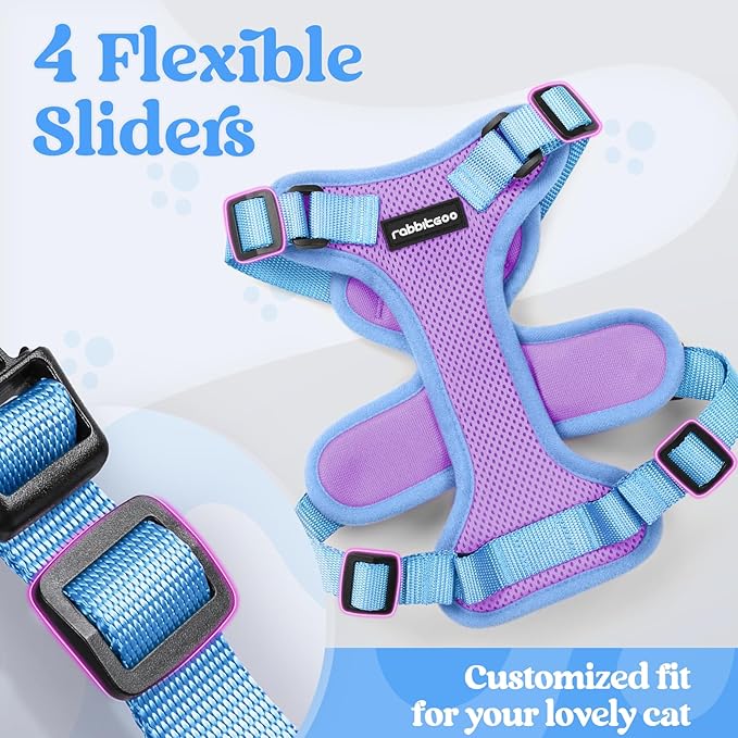 rabbitgoo Cat Harness and Leash Set, Escape Proof Soft Adjustable Vest Harnesses for Outdoor Walking, Easy Control Breathable Kitten Jacket with Reflective Strips, Purple & Blue, M