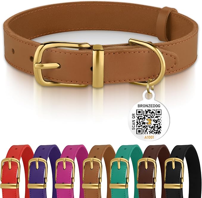 BRONZEDOG Leather Dog Collar with QR ID Tag Basic Pet Collars for Small Mini Dogs Cats Puppies (7-9 Inch (Pack of 1), Light Brown & Gold Buckle)