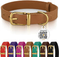 BRONZEDOG Leather Dog Collar with QR ID Tag Basic Pet Collars for Small Mini Dogs Cats Puppies (7-9 Inch (Pack of 1), Light Brown & Gold Buckle)