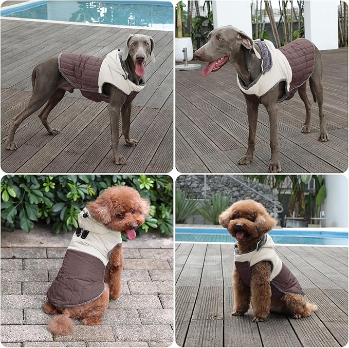 Detachable Hooded Dog Coat with Harness for Large Dogs,Super Warm Fleece Puppy Jacket for Cold Winter Doggie Coats,Brown XXL