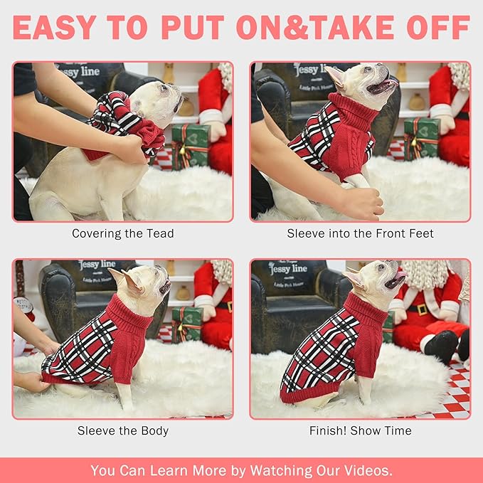 SCENEREAL Turtleneck Dog Sweater for Small Medium Large Dogs Girls Boys, Christmas Plaid Pullover Puppy Sweatershirt, Dogs Cold Weather Outfit Clothes, Ideal Gift for Pet in New Year, Pink Plaid M